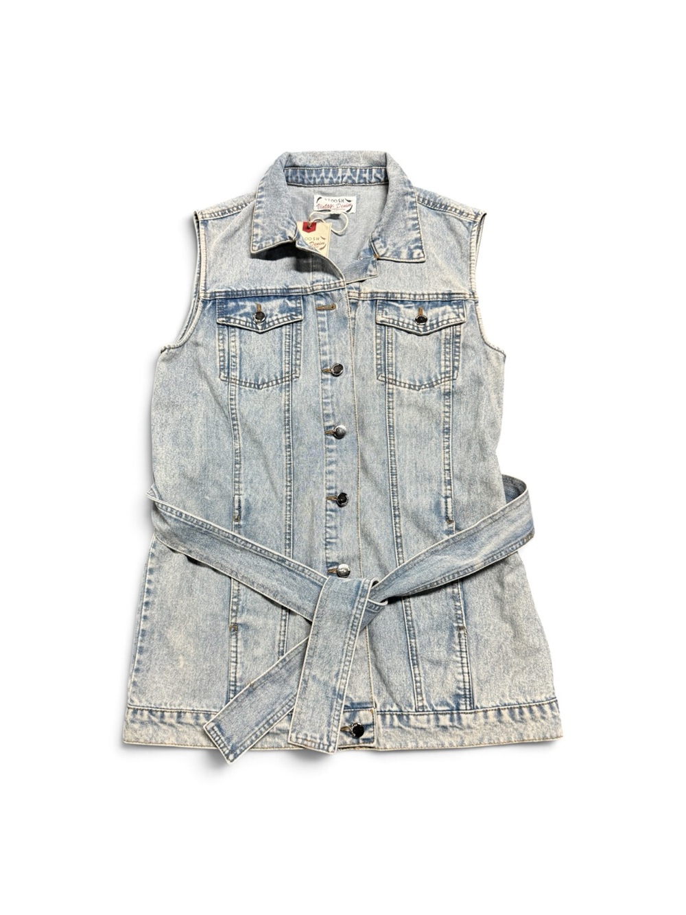 Stoosh Vintage Denim Women’s Small Light Wash Belted Long Jean Vest NWT